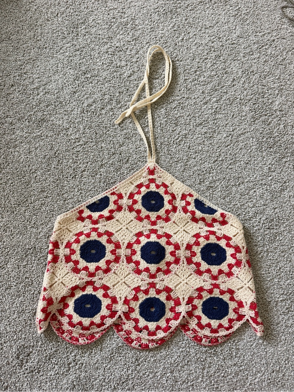 Crochet Halter Top in Cream, Red & Navy